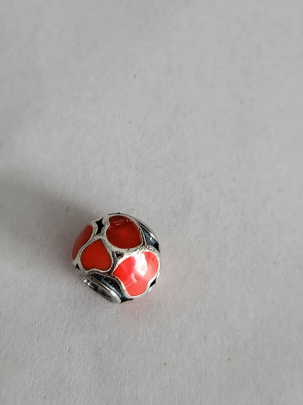Silver Bead Charm with Red Enamel Hearts